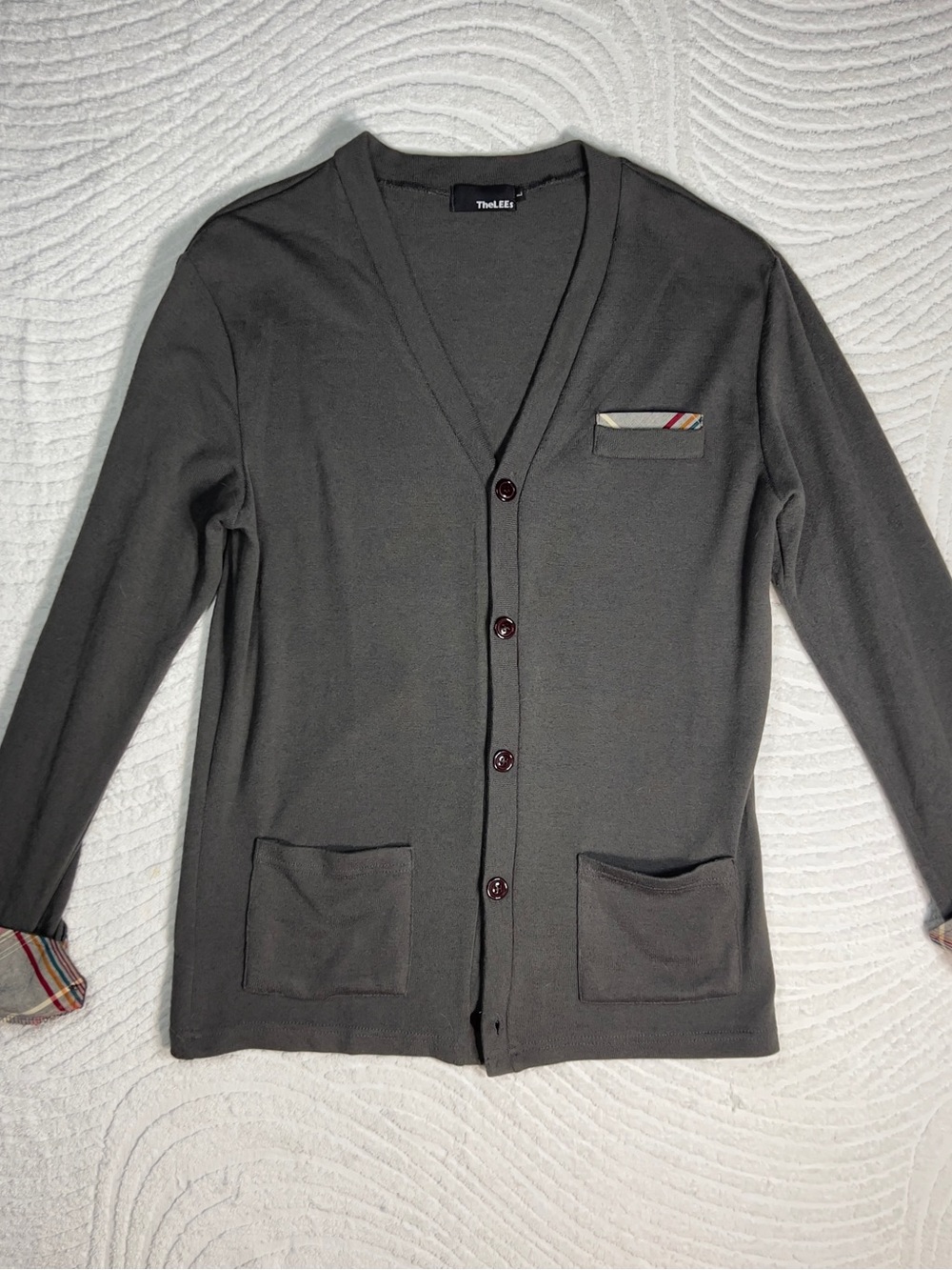 TheLEEs Men’s Gray Knit V-Neck Button Front Cardigan Sweater Size L